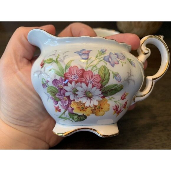 EB Foley 1850 Sugar Bowl Creamer Set Vintage Made in England Flowers Light Blue - Picture 11 of 12